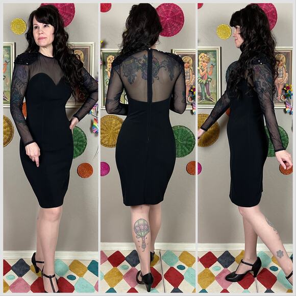 Vintage 1980s Black Long Sleeve Illusion Mesh Bodycon Mini Dress - Picture 3 of 8